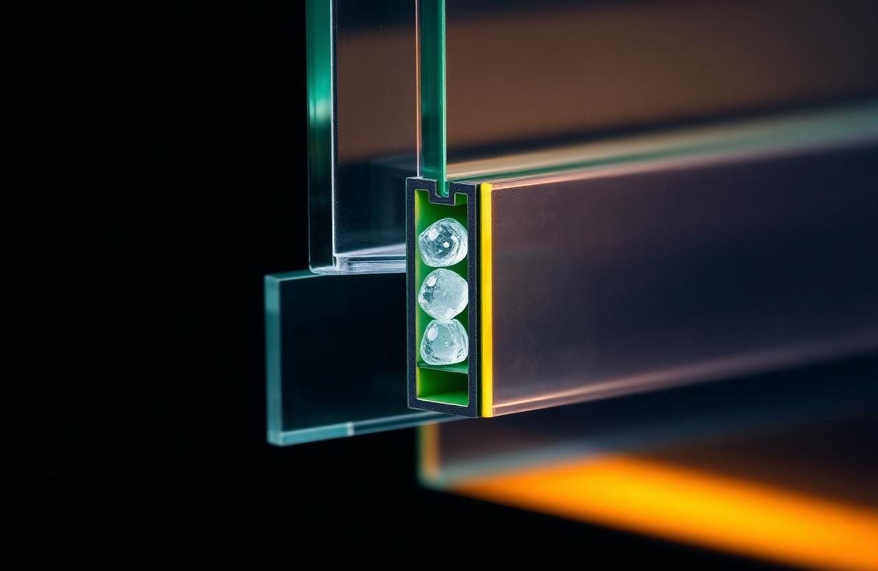Coupe technique d'un vitrage scellé montrant les deux vitres, l'intercalaire et les billes déshydratantes