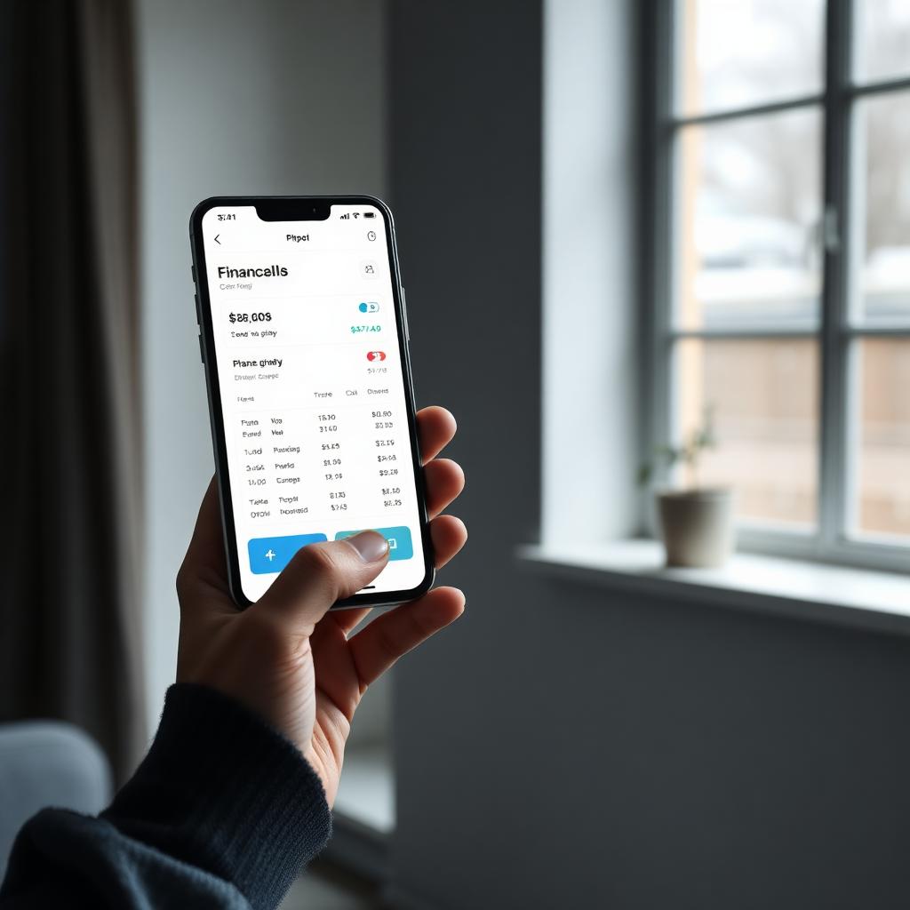 Mains tenant un téléphone affichant une application de financement, près d'une fenêtre moderne dans un intérieur calme