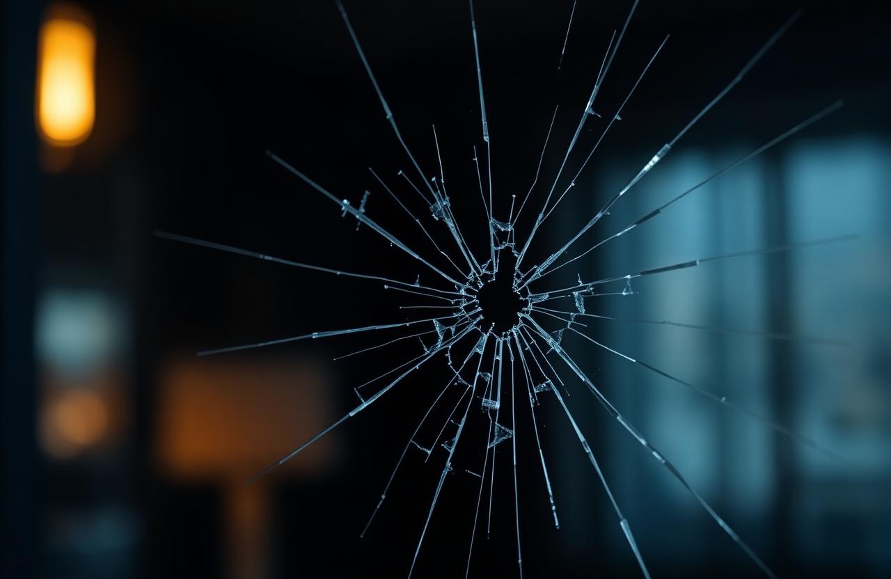 Gros plan sur une fissure en étoile causée par un impact sur une vitre de fenêtre