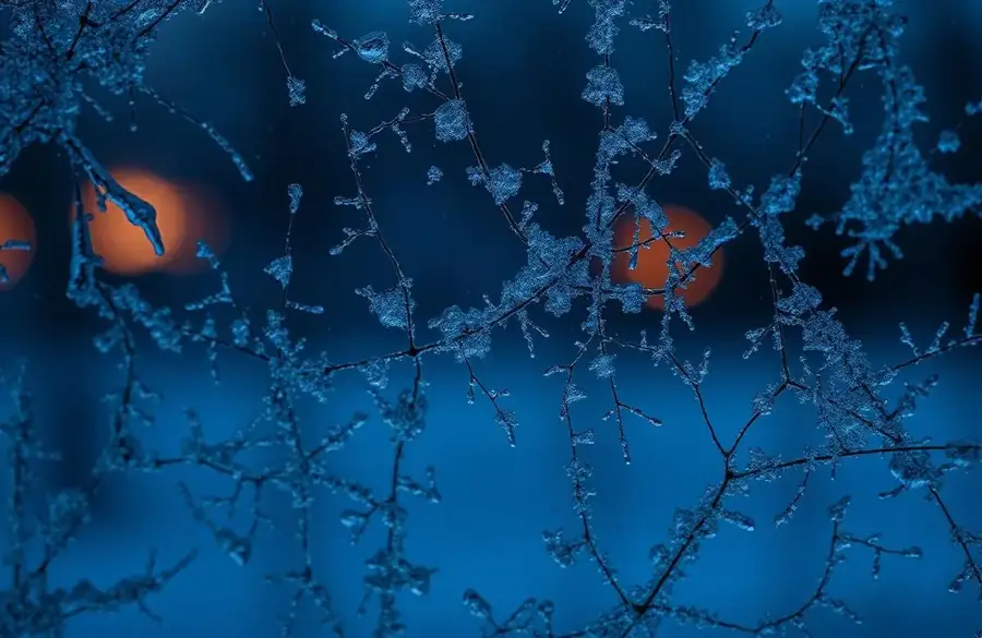 Macro de cristaux de givre formés entre les deux panneaux de verre d'un vitrage scellé en hiver