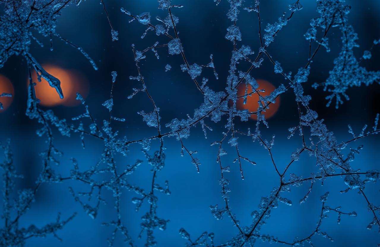 Macro de cristaux de givre formés entre les deux panneaux de verre d'un vitrage scellé en hiver