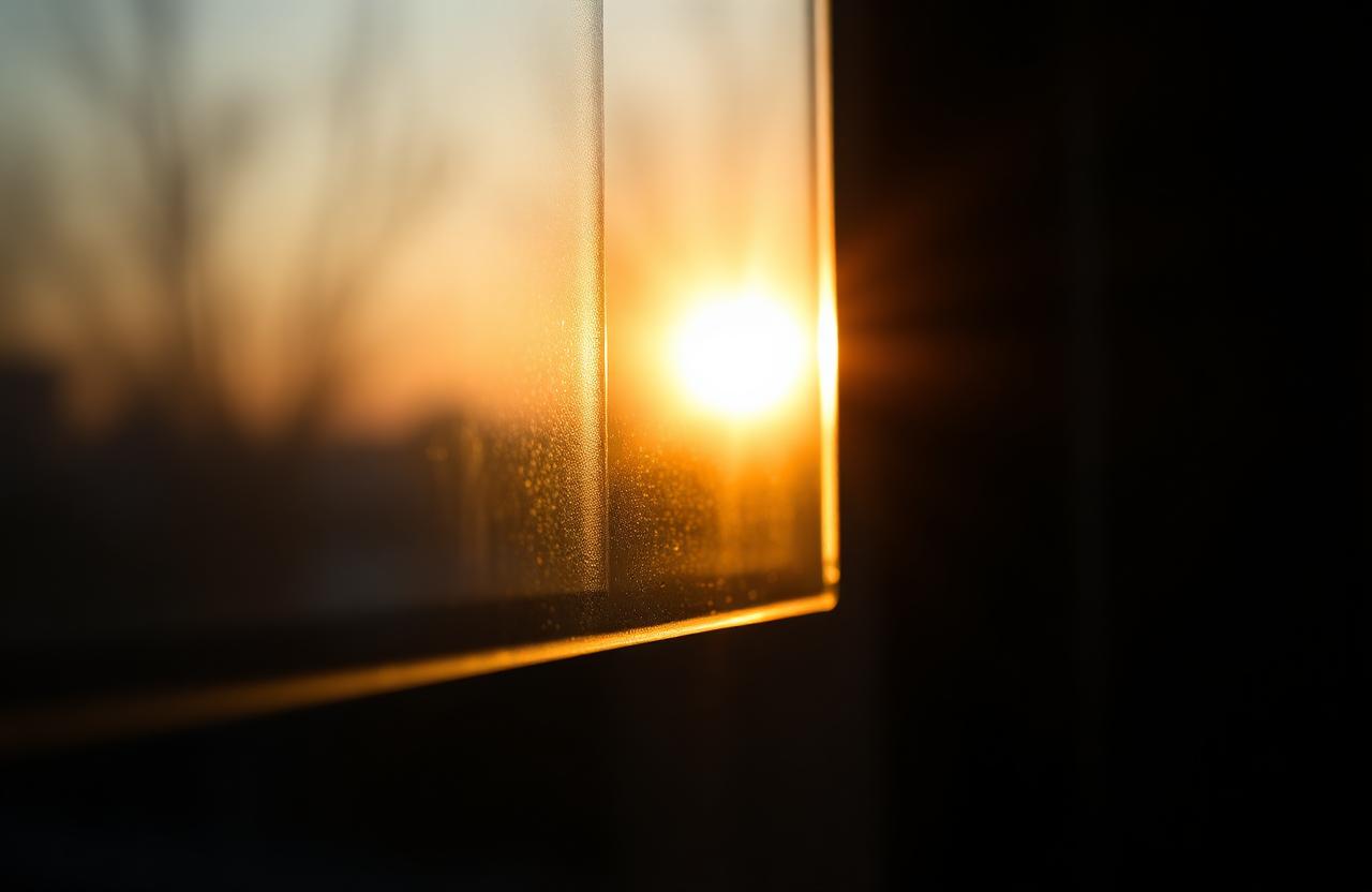 Gros plan sur un vitrage double avec couche Low-E, coucher de soleil doré filtrant à travers le verre