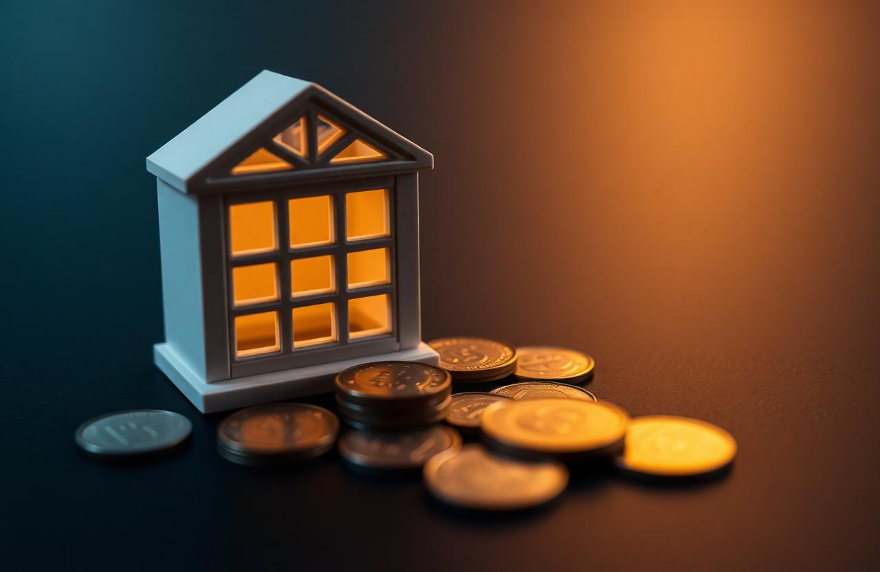 Petite maquette de maison avec fenêtre éclairée et pièces de monnaie, représentant le coût du remplacement de thermos