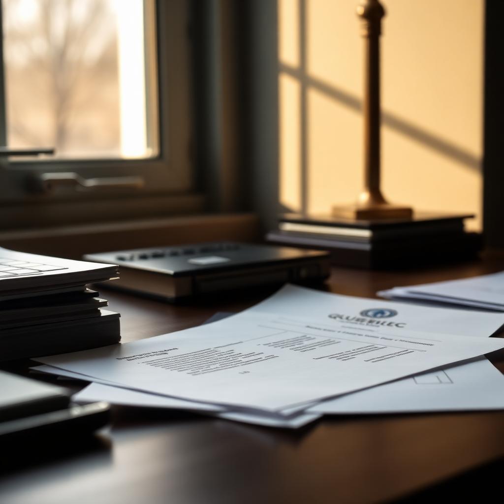 Documents officiels du gouvernement du Québec sur un bureau en bois, près d'une fenêtre en lumière chaude