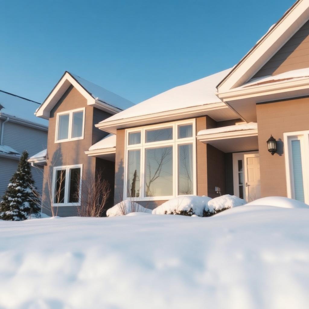 Maison résidentielle québécoise en hiver enneigée avec fenêtres modernes éco-énergétiques et ciel bleu