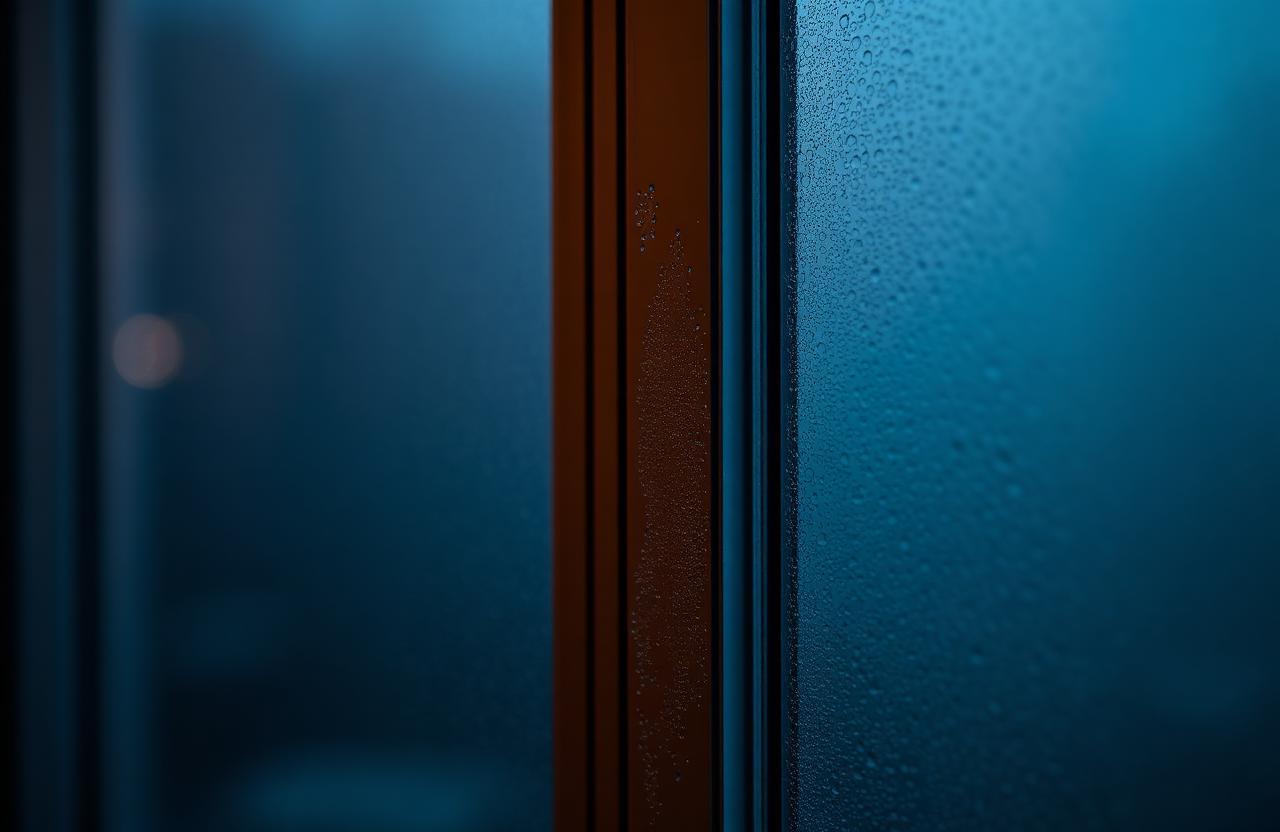 Gros plan macro d'une fenêtre à double vitrage embuée avec de la condensation entre les deux vitres